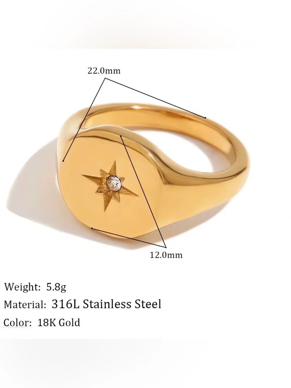 Gold Star Signet Ring with Diamond Accent - Women Jewelry